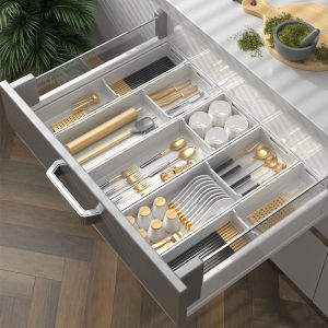 Space aluminum Kitchen organizer Expandable Cutlery Drawer Organizer Tray Flatware Drawer Tray for Silverware Serving Utensils Multi-Purpose Storage for Kitchen Office Bathroom Supplies customizable