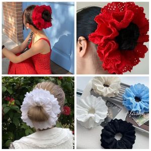 DAN S ผ้าผ้าทอ รองเท้ารัดส้นลูกไม้ โอเวอร์ไซส์ รูปทรงดอกไม้ ยางรัดผมขนาดใหญ่ปักลาย ละเอียดอ่อนและละเอียดอ่อน เป็นรูกลวง เชือกผูกผมเกินจริง สำหรับผู้หญิง