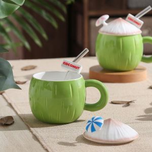 ZYJC Large Capacity Ceramic Coconut Mug with Glass straw Convenient Handle Creative Coffee Cups with Lid Cute Comfortable Grip Cute Summer Drinkware Girl
