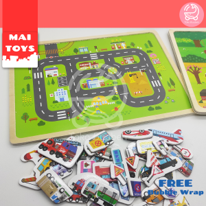 Mai toys Puzzle Kayu Magnet Binatang dan Kendaraan Ekosistem Mainan Edukasi Imajinasi Anak