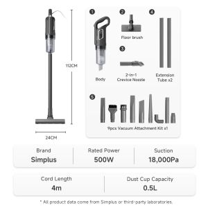 Simplus Vacuum Cleaner  18000Pa Suction Power  11 in 1 Interchangeable Nozzle Head  4 Layer Stertilization XCQH011
