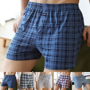 Lelaki kasual longgar Plaid Wide Leg Cotton Boxer pendek M-2XL Home Wear Underpant