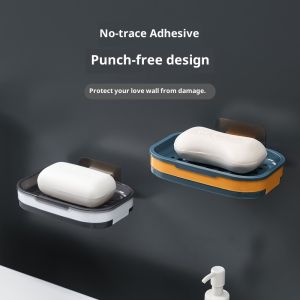 QIHUISHI จานรองสบู่ติดผนังพร้อมดีไซน์การระบายน้ำที่ยึดสุญญากาศกันลื่นสำหรับห้องน้ำชั้นวางสองสบู่แบบชั้นๆพร้อมฐานกันลื่น