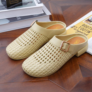 2025 Spring/Summer New Round-Toe Slippers With Hollowed-Out Belt Buckle Comfortable Mid-Heel Lazy Slippers For Mothers