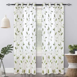 Sheer Curtains Floral Leaves Embroidered Grommet Drapes for Living Room Bedroom 7ft per Panel