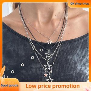 ✨QK shop✨ Y2K Fashion Silver Layered Necklace Metal Pentagram Pendant Multi Chain for Women Trendy Jewelry Gift