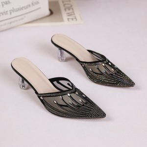 [Free Shipping] New Summer Mesh Rhinestone Pointed Toe Mules for Women Fashionable Outdoor Womens Shoes with Crystal Heel and High Heel Sandals
