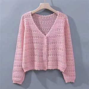 OWMXZL Cổ chữ V Áo cardigan dệt Khoét lỗ Áo khoác ngoài Dài Tay Áo chống nắng Phụ nữ