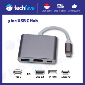 TechFave 3 in 1 Type C Hub To HDMI+USB 3.0+PD USB-C Adapter For MacBook/PC/iPad Pro/iPad Mini 6 2021 (3 Ports) [SG]