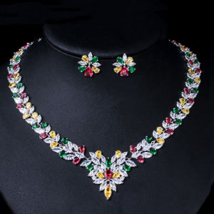 SEQUITO Fine Women Jewelry Set White Gold Plated Full Paved Setting Multicolor AAAAA Cubic Zircon Big Flower Shape Chain Necklace Stud Earrings for Engagement SJ305