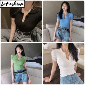 LuFashion Crop Tops for Women Summer Lapel Slim Knit Short Sleeve Casual T-Shirts