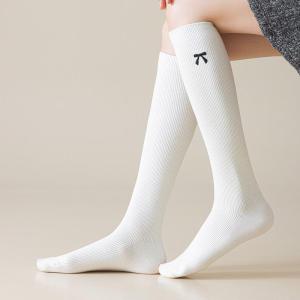 Knee High Long Socks Women Embroidered Bow Stockings Autumn Winter Trendy Casual Thigh High Socks Cotton Solid Color Comfortable Stockings