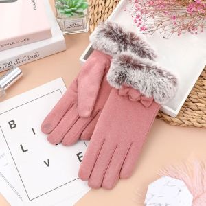 FLUTE Touch Screen Bow Plush Gloves Solid Color Keep Warm Women Mittens Fashion Thicken Winter Velvet Gloves Ladies