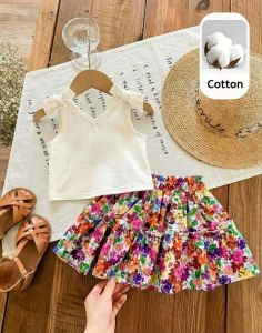 CC.Chic Floral Print & White Cotton Blend Girls Summer Set with Ruffle Top and Skirt