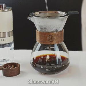 Bình Chemex Pha Cà Phê 400ML Thủy Tinh Borosilicate Cao Cấp Chịu Nhiệt Tay Cầm Gỗ Kèm Phễu Lọc Cafe V60 Inox 304 2 Lớp Siêu Mịn