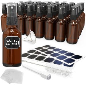 Nevlers 24PK 2 Oz Amber Glass Spray Bottles for Essential Oils Amber Glass Bottle Set w/Shrink Wrap Funnel Labels & More Fine Mist Spray Bottles for Face Mist Bottle Hair Mister Oil Mister