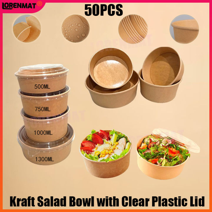 50pcs Kraft Salad Bowl Disposable Paper Bowl Disposable Eco-Friendly ...