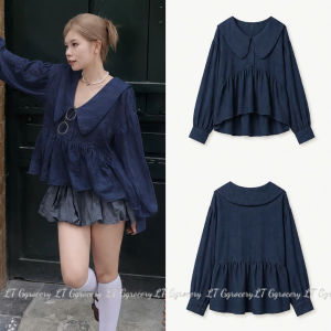 Áo tiểu thư chất Đũi gió hàn dáng babydoll cổ sen bản lớn cài nút tay dài bèo tà bất đối xứng
