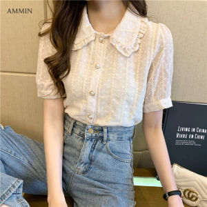 AMMIN Voan Áo Sơ Mi Thời Trang Nhỏ Áo Sơ Mi Áo Cardigan Cổ Búp Bê Màu Trắng Nữ Tính Ngắn Tay Có Khuy Ngọc Trai Kiểu Ngoại Quốc Áo Cánh Khâu Móc