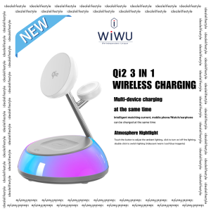 WiWU Aurora Wi-W036 Qi2.0 3-in-1 Magnetic Wireless Charging Stand – MagSafe Fast Charger for iPhone Apple Watch & AirPods Foldable Charger Station with LED Light
