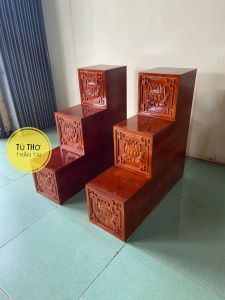 Bục tam cấp bàn thờ thần tài khắc Hoa Sen ( Hàng loại 1 100% Gỗ )