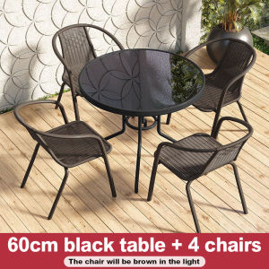 Outdoor set tempered glass table and chair open-air chair backrest outdoor balcony leisure imitation rattan chair outdoor double household stacking commercial dining chair 5-piece set