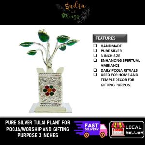 Pure Silver Tulsi Plant 3 Inch for Pooja Worship Home Decor Temple Spiritual Decor and Gifting