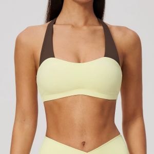 MUTUER Contrast Strap Halter Neck Padded Sports Bra for Women Open Back Color Block Full Cup Wireless Removable Pads Gym Workout