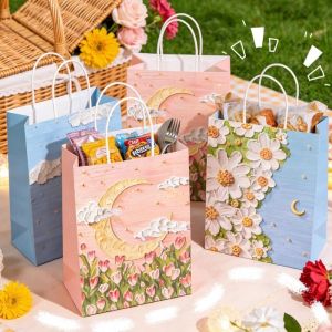 10Pcs Art 3D Oil Painting Handbag / Kraft Paper Gifts Bag / Valentine Wedding Birthday Party Candy Packing Bags
