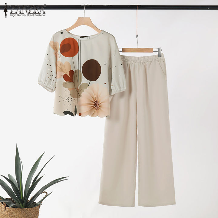 ZANZEA%20Womens%20Lady%20Elegant%20Sets%20Crew%20Neck%20Lantern%20Sleeve%20Graphic%20Print%20Tops%20Wide%20Leg%20Trousers%20Suits%20#0909%20-%20Image%205