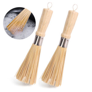2PCS Natural Bamboo Wooden Handle Pot Brush Durable Long Handle Non-Stick Oil Decontamination Wok Brush Dishwashing Kitchen Cleaning Tool