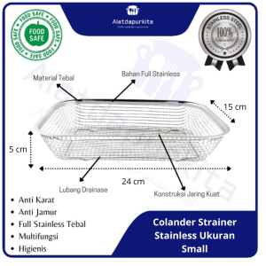 Keranjang Peniris Makanan Buahan Sayuran Colander Stainless Persegi Ukuran 24 cm Anti Karat