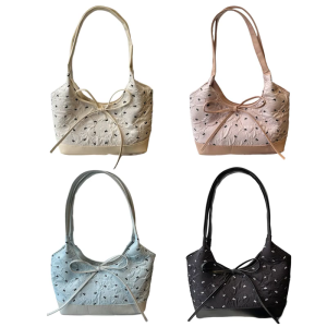 Stylish Bows Accent Underarm Bag Large Capacity Wrinkle Design Casual Commuters Bag Polyester PU Underarm Bags