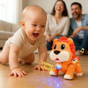 Electric Crawling Lion Hippo Toy Winking with Music Lights Cute Kids Interactive Toy for Baby Crawling Learning
