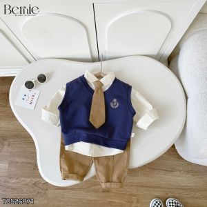 Set bộ dài 4CT áo sơ mi áo gi lê thêu phù hiệu kèm cà vạt và quần kaki 1 đến 7 tuổi BERNIE T0526B71