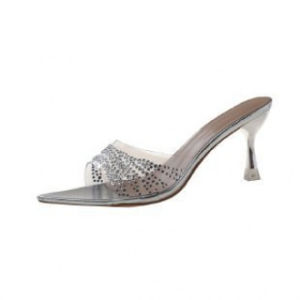 【Free Shipping】Transparent rhinestone stiletto sandals new large size spring/summer solid color square toe high-heeled slippers for women