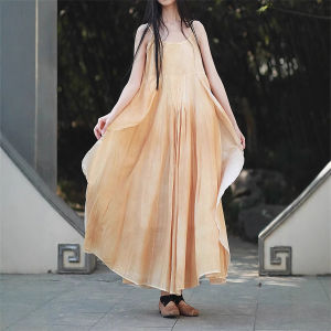 2026 Spring Summer Retro Plant Dyed Cotton Linen Pleated Slip Dress Elegant Tencel Sun Protection Shrug Two Piece Outfit