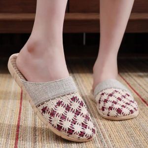 REEBO Hollow Out Flax Slippers Women Flowers Non-Slip Flat Slippers Casual Sweat Absorption Summer Slides Sandals Summer