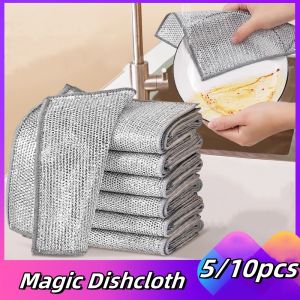 Magic Dishcloth Silver Wire Cleaning Kitchen dish cloth and towels Thickened Microfiber Wash Towel Built-in Sponge Steel Wire Ball Rag