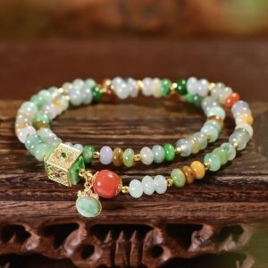 Natural Grade‑A Tri‑Color Jadeite Double‑Loop Bracelet Red Agate Gold‑Plated S925 Silver Chinese‑Style Bracelet For Women
