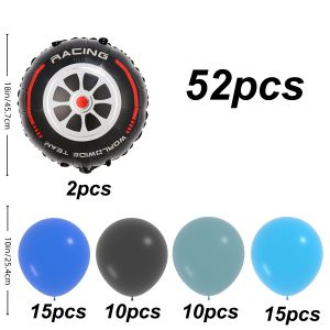 52pcs balloon set Blue Enchantress racing-themed balloons with wheel foil perfect for racing-themed party decorations birthday parties outdoor sports parties track-themed decorations family race parties and party balloon decorations.
