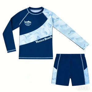 2PC Long Sleeve Rash Guard Trendy Long Sleeve Top + Swimming Trunks Swimwear Set Quick-Dry Summer Outfit for 3-11Y Kids Boys