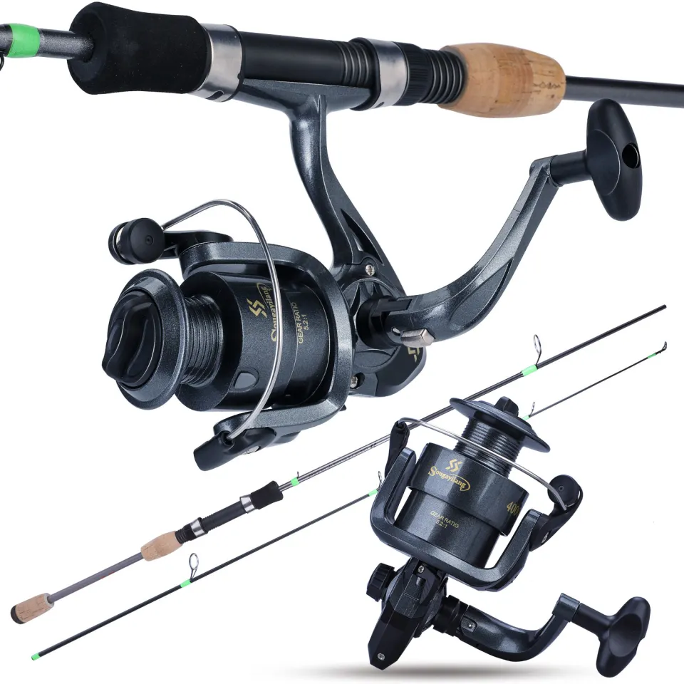 Fishing Rod and Reels Set Portable 2 Sections Fishing Rod and 5.2:1 Spinning  Fishing Reels Set Cork Wood Rod Body Rod Left/Right Handle Reel Combos Set  for Carp
