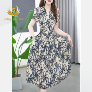 Đầm trung niên cho mẹ cổ SƠ MI sang trọng công sở chất vải Lụa Pháp họa tiết 3D HT11