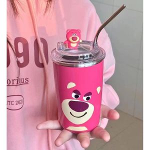 Ly Giữ Nhiệt Gấu Dâu Lotso Hồng 450ML Cốc Giữ Nhiệt Inox 304 Cao Cấp Không Gỉ + Tặng Ống Hút Tiện Lợi Và Charm Gấu