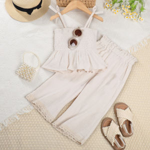 Bear Leader Summer Girls Solid Color Pleated Suspender Top+wide Leg Pants 2-piece Set of 3-7 Year Old Fashionable Childrens Clothing