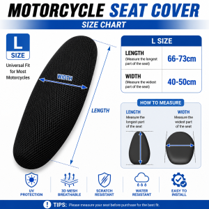 3D breathable mesh motorcycle seat cover for heat insulation and cooling suitable for scooters underbone and standard motorcycles universal design. Suitable for Honda and Yamaha motorcycles.