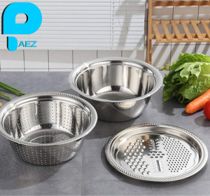 3 in 1 Stainless Steel Drain Basket with Grater Multifunctional Vegetable Cutter Maker Bowl - Paez Official