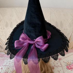 K9SEQ Lace Trim Witch Pointed Hat Bandage Bow Adult Size Lolita Bucket Hat Elegant Cosplay Costume Gothic Cosplay Hat Halloween Party