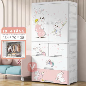 Tủ Đựng Đồ Cho Bé V-BABY T9 Nhựa PP An Toàn Có Thanh Treo Quần Áo Họa Tiết Xinh Xắn